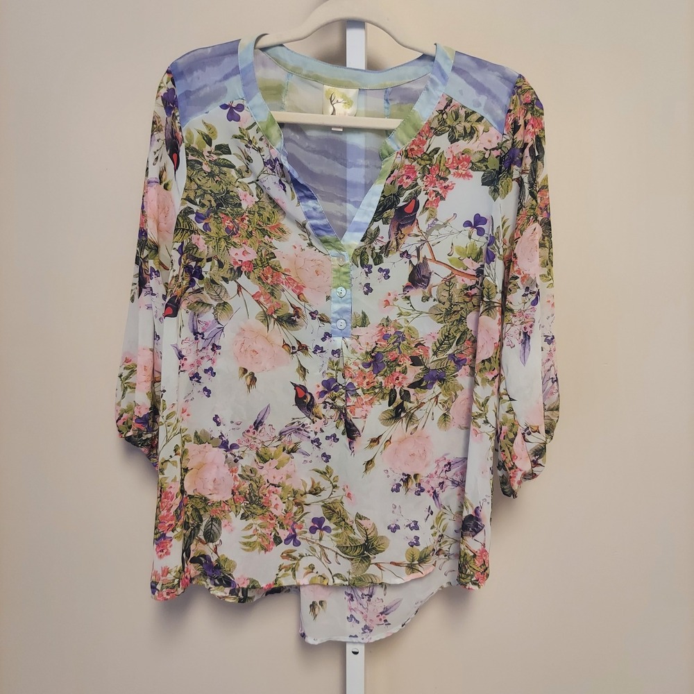 Fig & Flower Floral Bird Print Sheer Blouse M Artsy Cottagecore Garden Whimsical